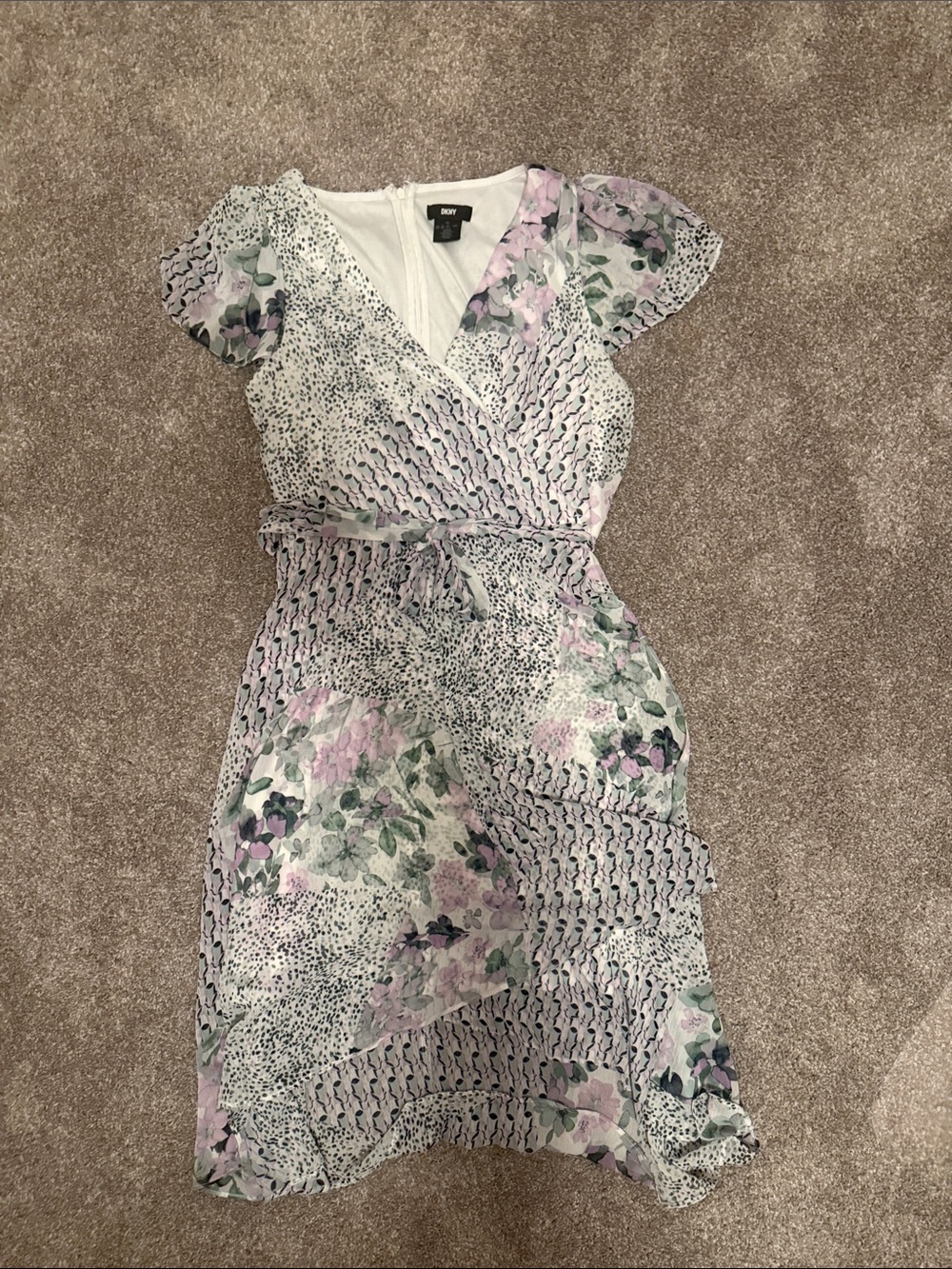 DKNY Lavender and White Floral Wrap Midi Dress